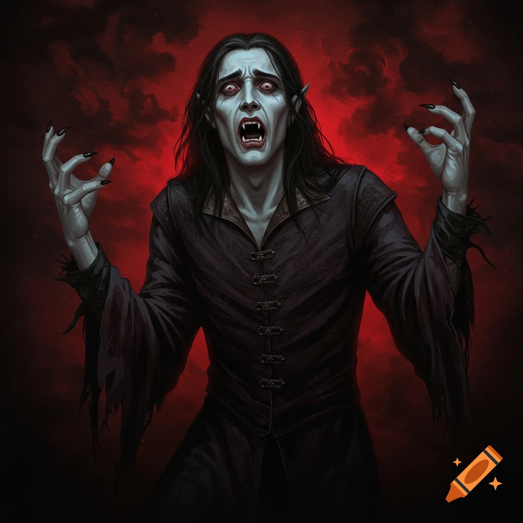 Illustration of a pale vampire with red eyes and fangs, hands raised, looking distressed against a red sky.