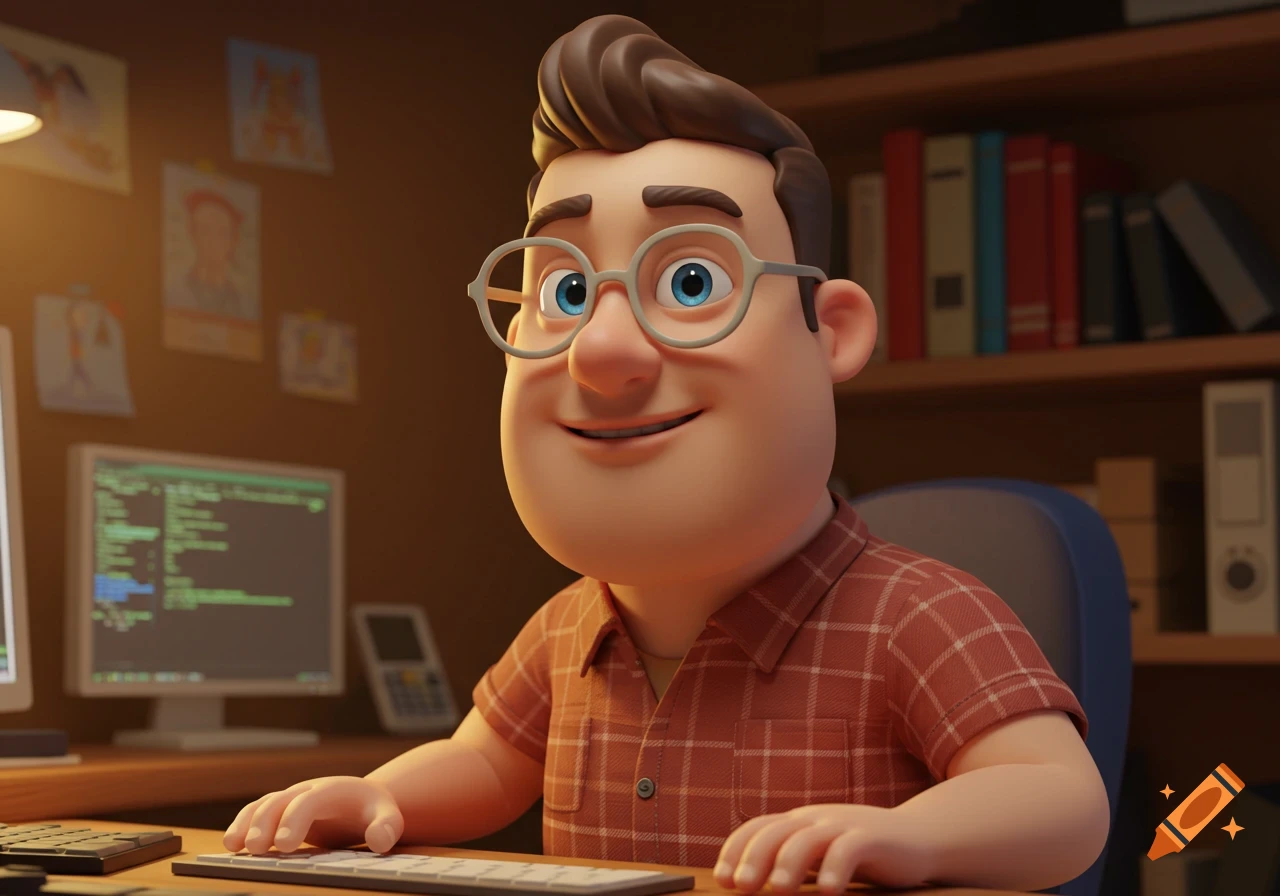A 3D animated cartoon man with glasses sits at a desk typing on a keyboard, smiling. Computer monitors and bookshelves are in the background.