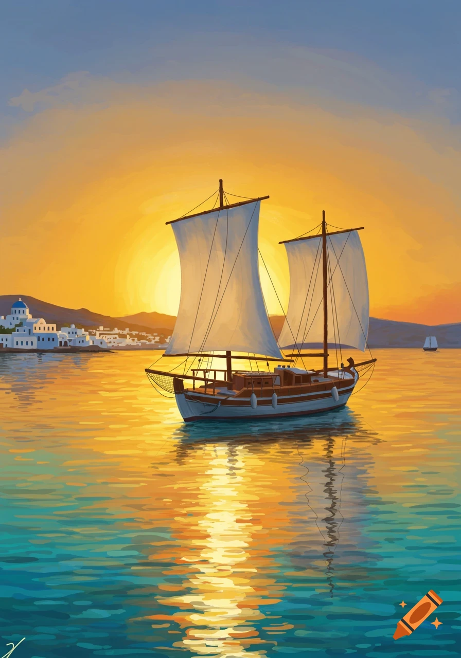 Painting of a traditional boat sailing at sunset in the Aegean Sea with a coastal town in the background.