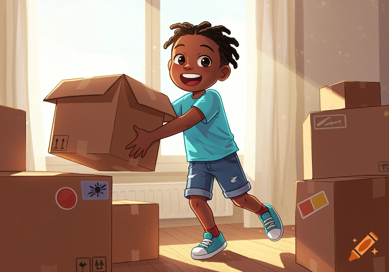 Illustration of a black boy smiling while carrying a cardboard moving box in a room with other boxes.