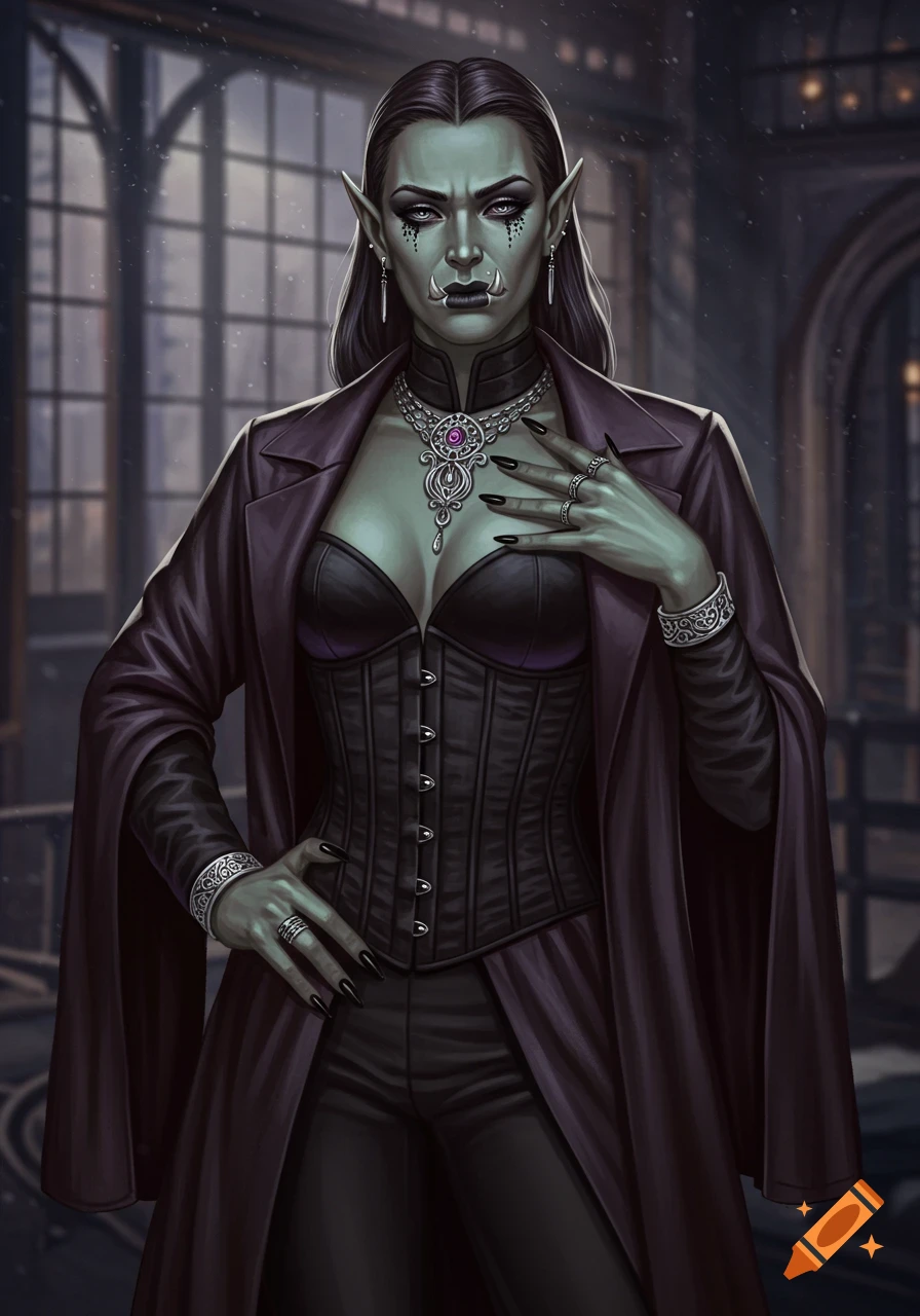 Portrait of an elegant orc woman in goth fashion: corset, coat, jewelry, dramatic makeup against an industrial background.