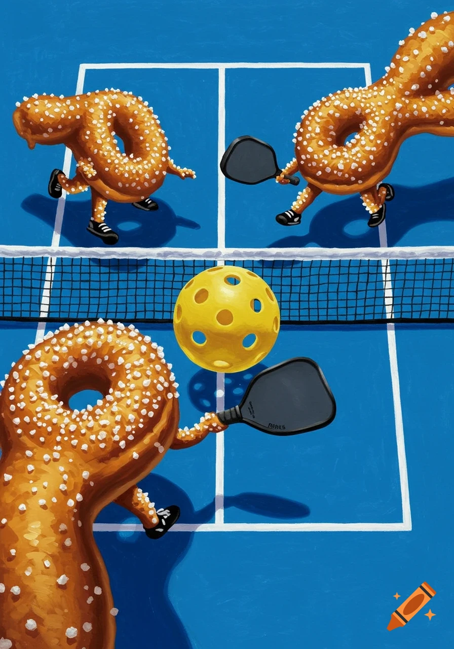 Four pretzel characters play pickleball on a blue court with a yellow ball.