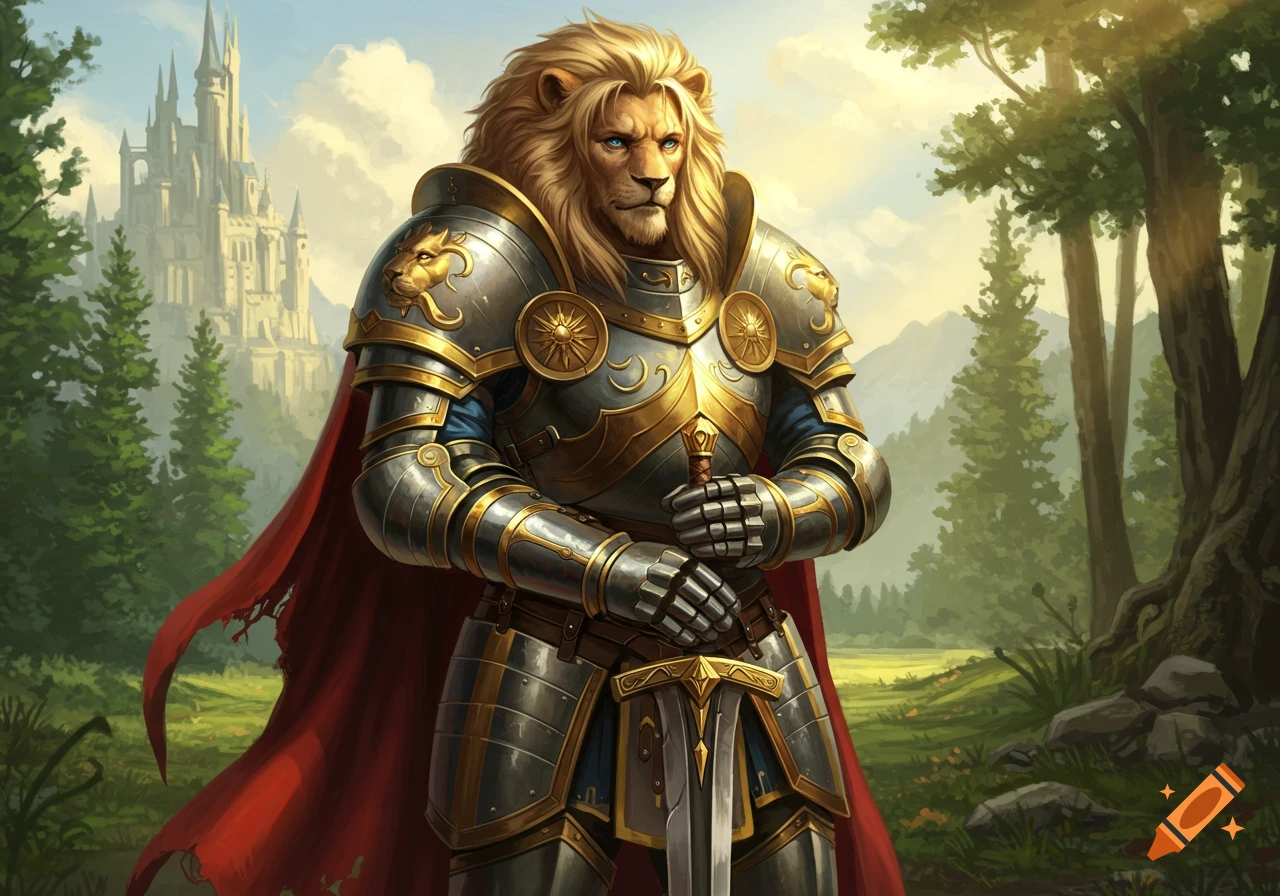A lion knight in ornate armor holding a sword in a fantasy landscape with a castle.