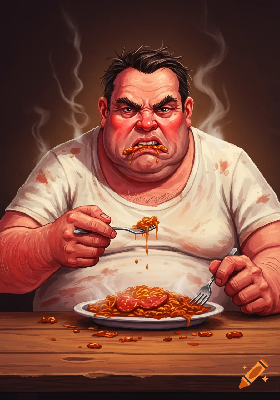 Angry, overweight man eating messy beans from a plate with a fork, stylized illustration.