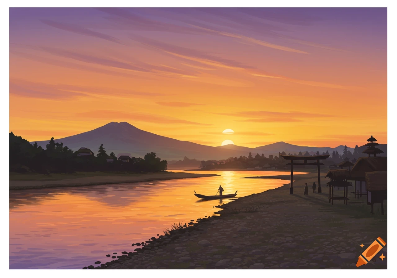 Painting of a Japanese river landscape at sunset with mountains and a boat.