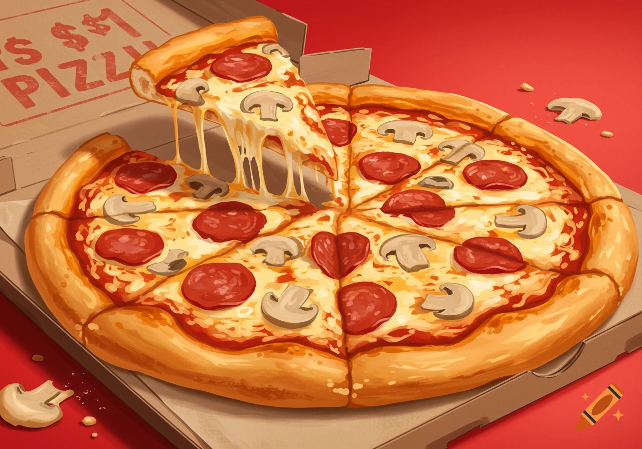 Stylized illustration of a pepperoni and mushroom pizza in a box with a slice being pulled, showing melty cheese.