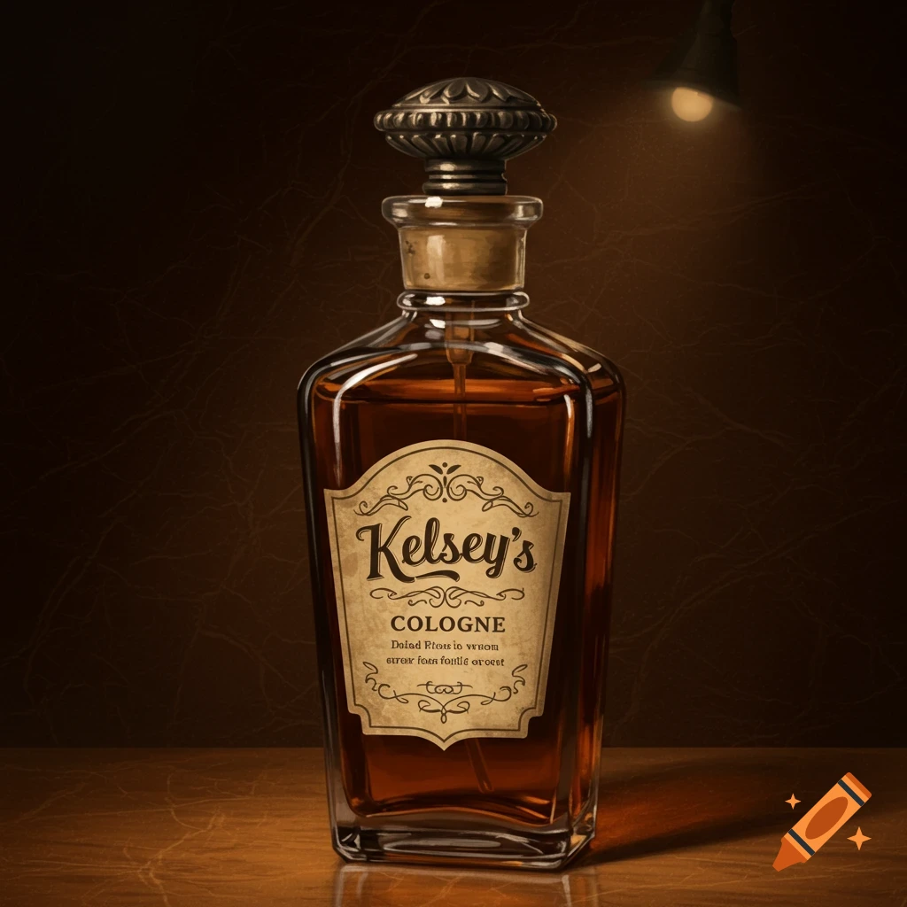 A bottle of cologne with a label sits on a table under a lamp.