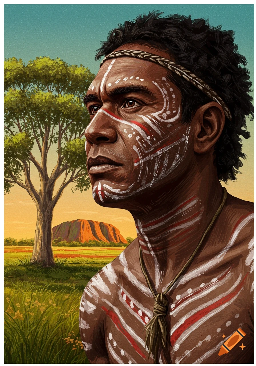Illustrative portrait of an indigenous man with white and red body paint, looking left, in a landscape with a tree and Uluru in the background.
