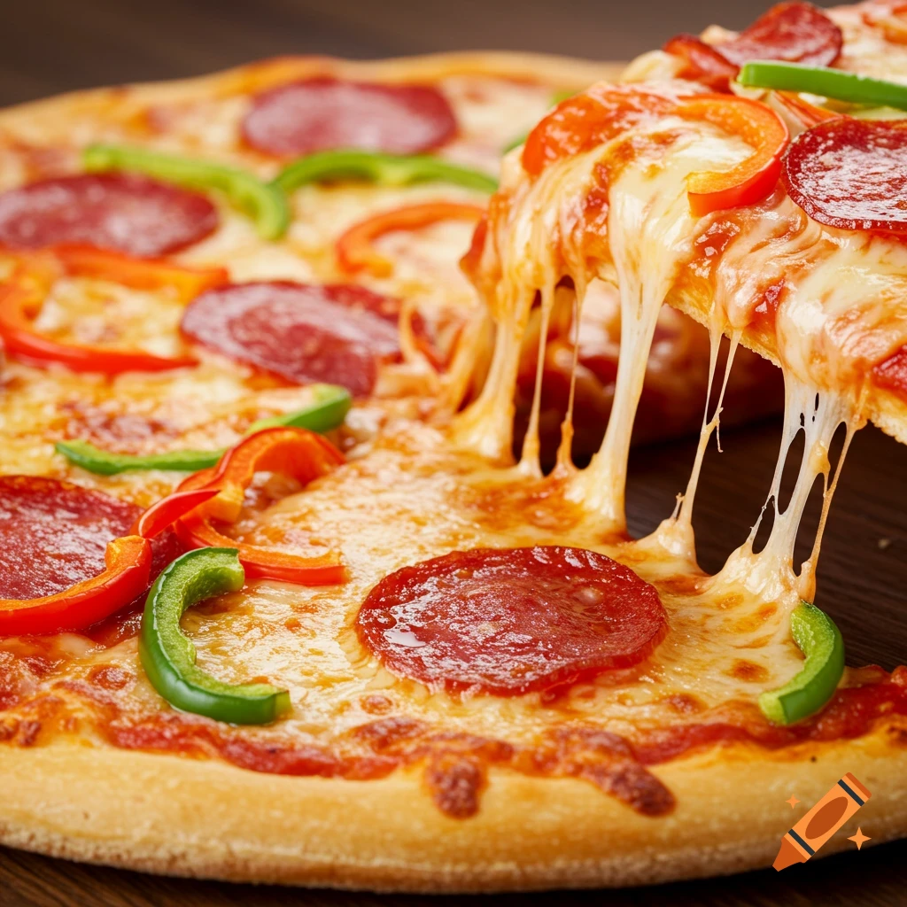 Close-up of a pizza slice being pulled, showing melted cheese stretching from the pie, pepperoni, and peppers.