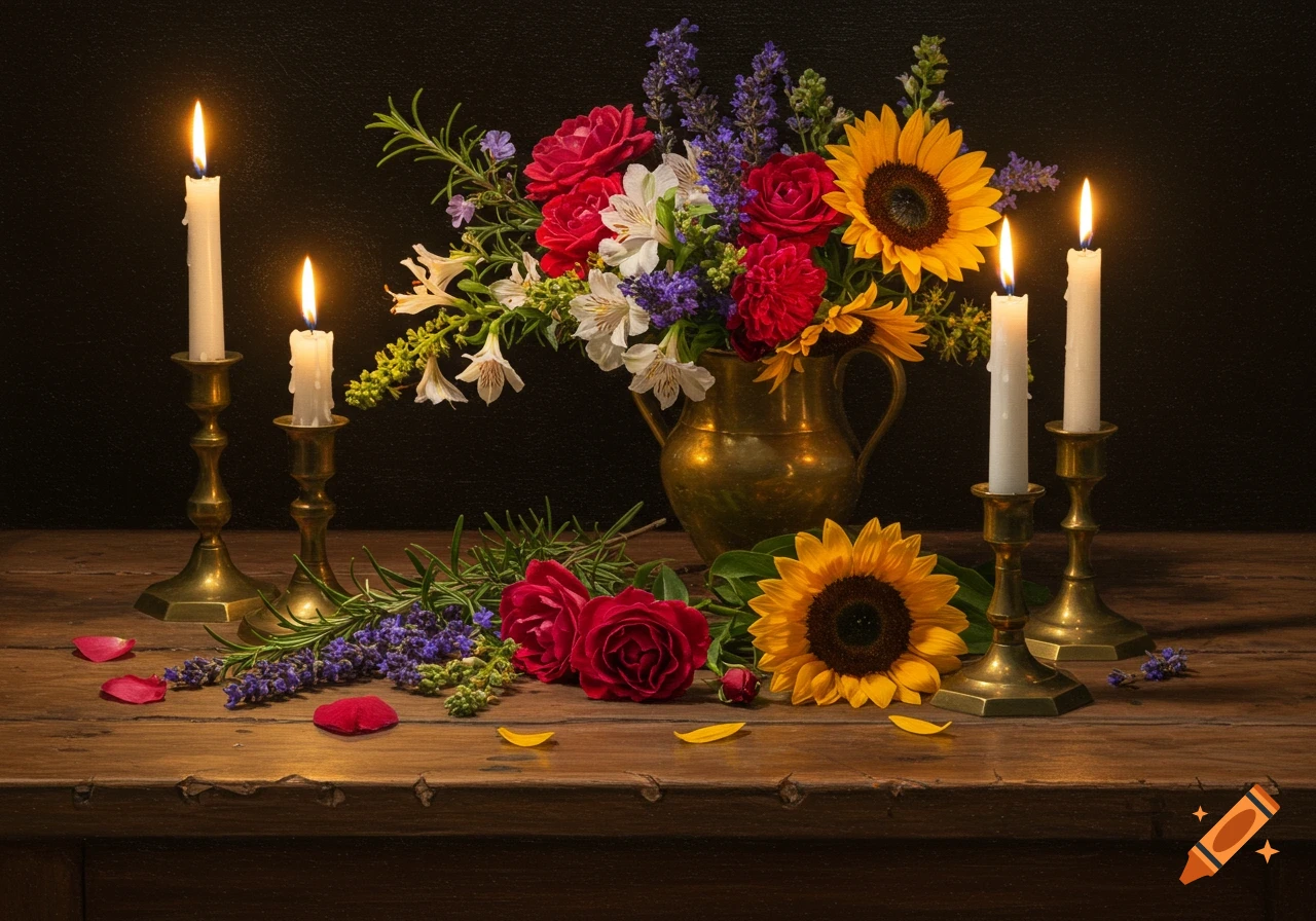 Still life painting of a floral bouquet and lit candles on a wooden table.