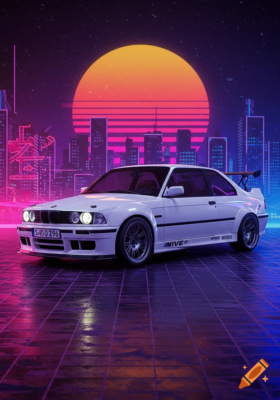 White BMW coupe with spoiler in a retro-futuristic city with neon lights and grid road.