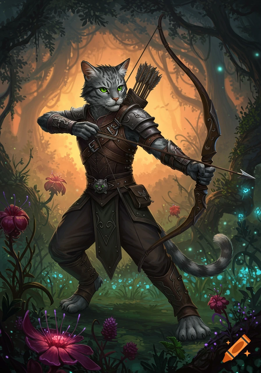 A humanoid gray tabby cat in fantasy armor aims a bow in a glowing forest.