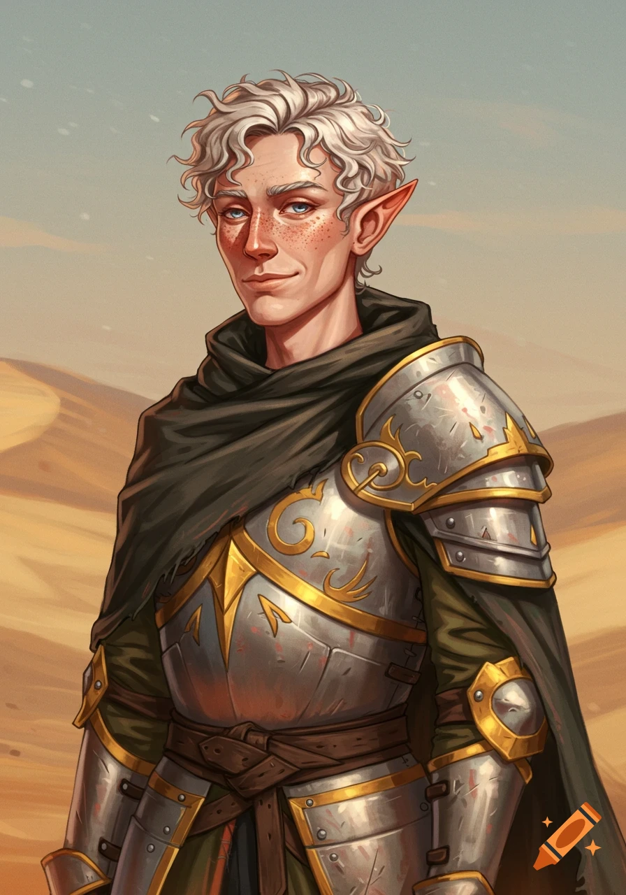 A male elf cleric adventurer in silver armor and a dark cloak stands in ...