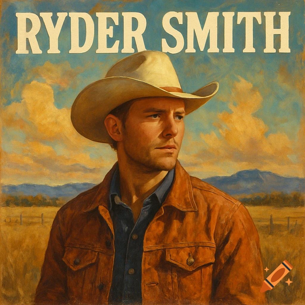 Portrait of a man in a cowboy hat and jacket in a field with text above, album cover style.