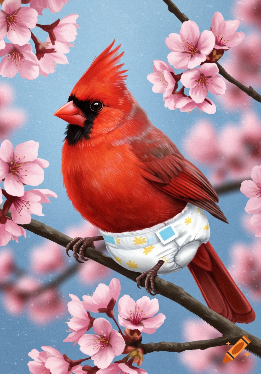 Illustration of a red cardinal bird wearing a diaper, perched on a branch among pink cherry blossoms.