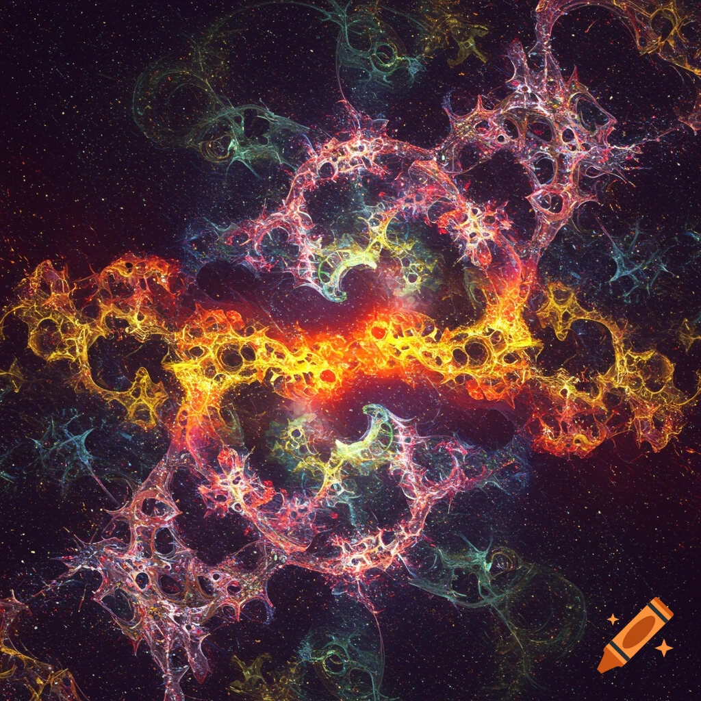 Abstract fractal with glowing red, orange, yellow, and blue forms on a starry background.