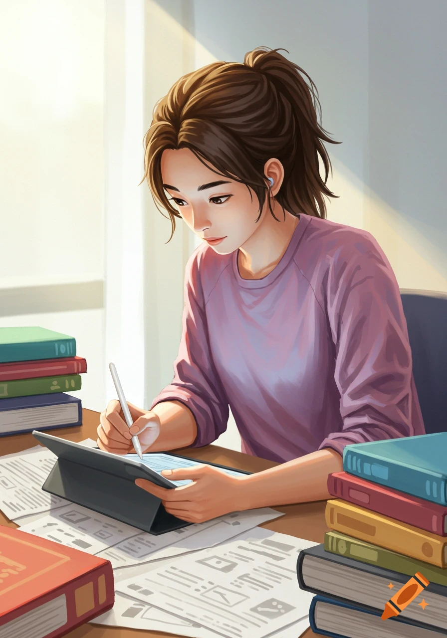 Illustrated depiction of a young woman studying at a desk with books and a tablet, writing with a stylus.