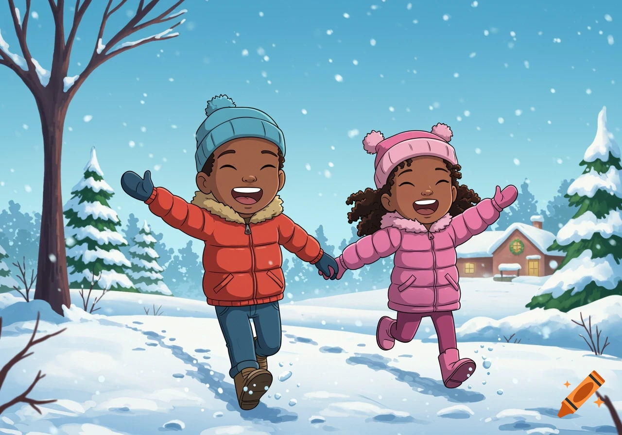 Cartoon of two happy African American children running through the snow.
