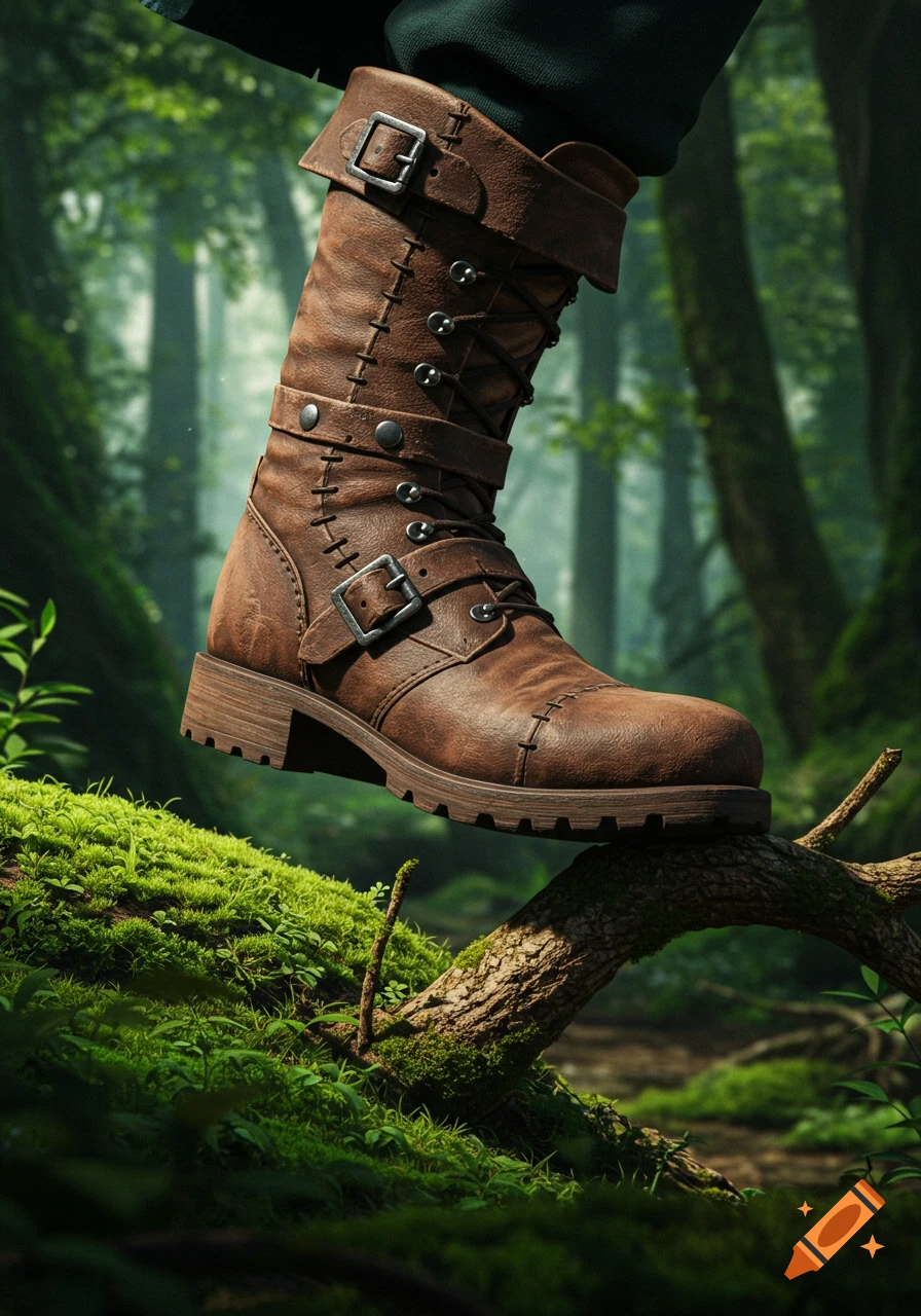 A brown leather medieval boot stepping on a mossy log in a forest.