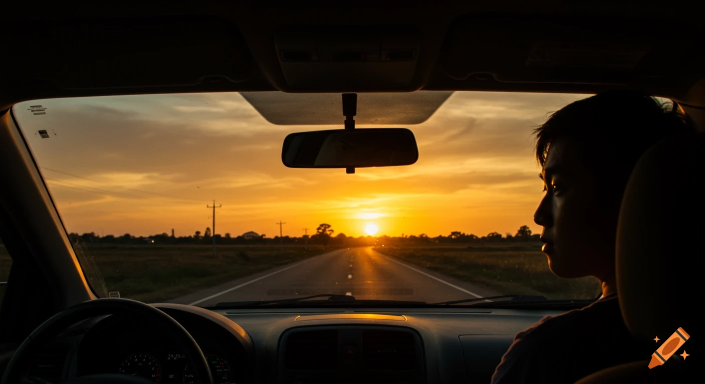 View from inside a car looking down a road at sunset with a person in the passenger seat.