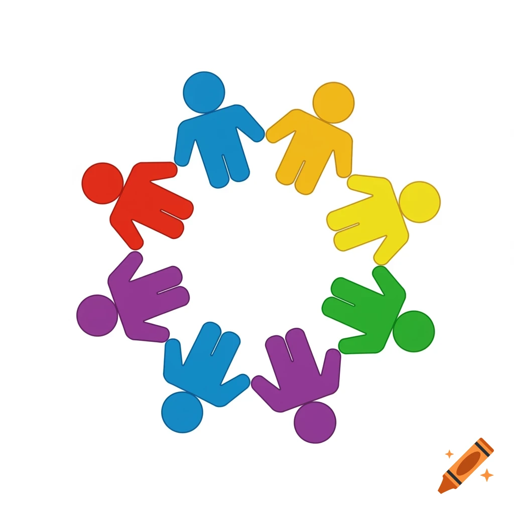 Circle of colored stick figures holding hands on white background.