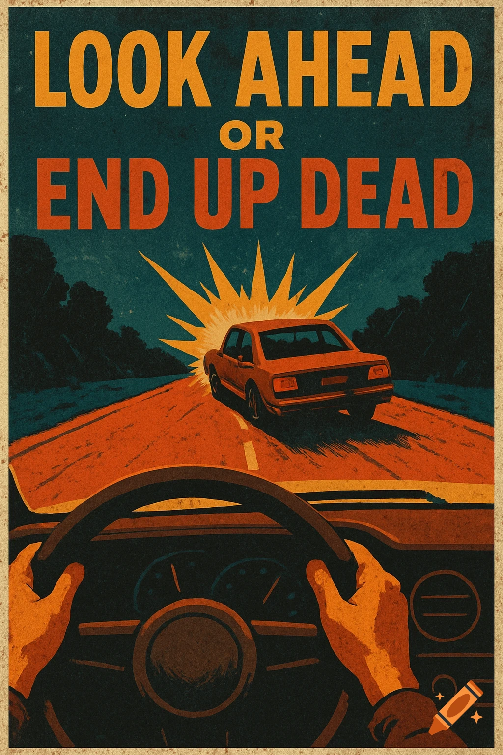 Vintage safety poster depicting a driver's view of a car crash with the slogan Look Ahead or End Up Dead.