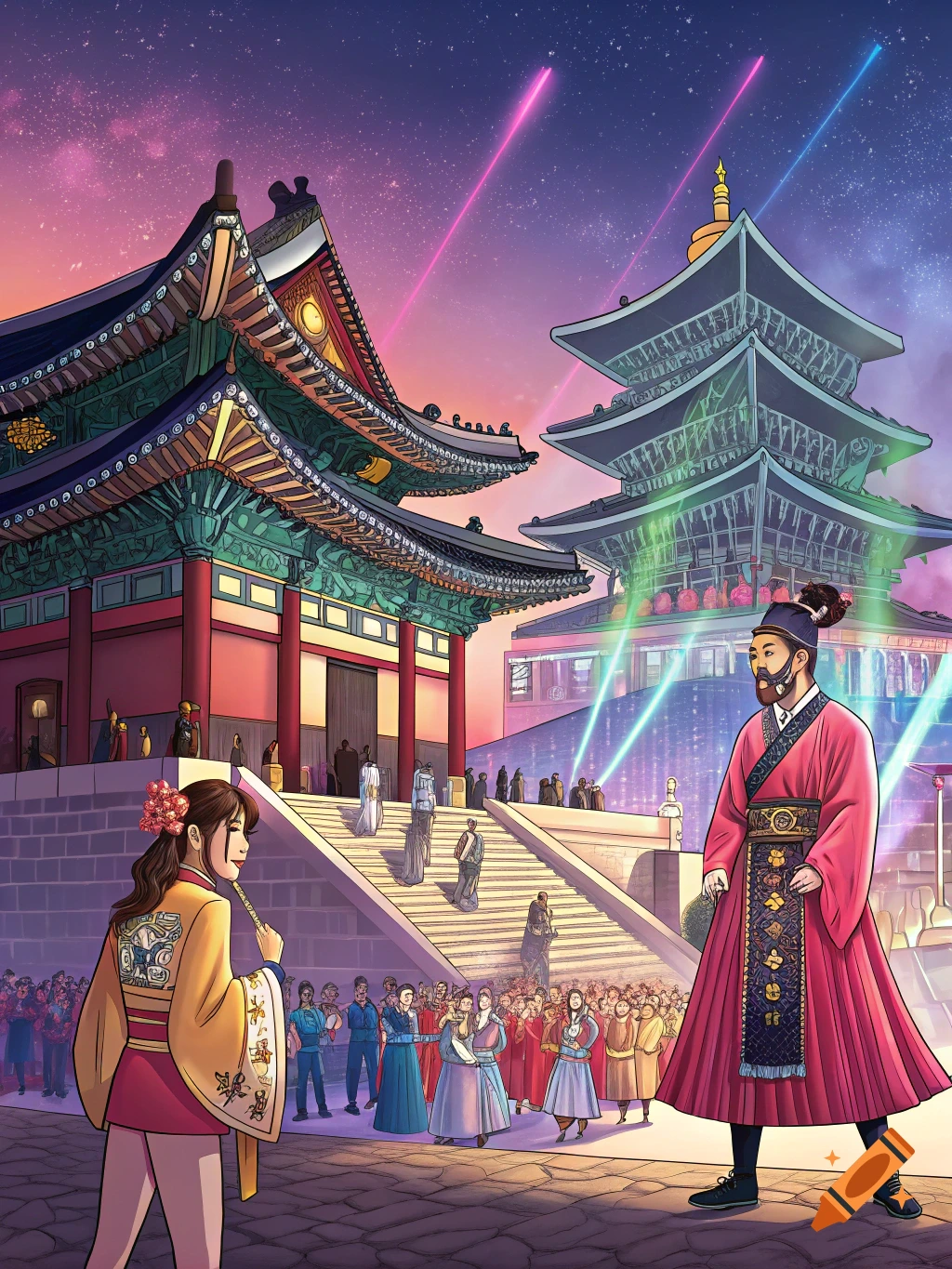 Illustration of traditional Korean palace and modern elements with people in Joseon era and modern clothes