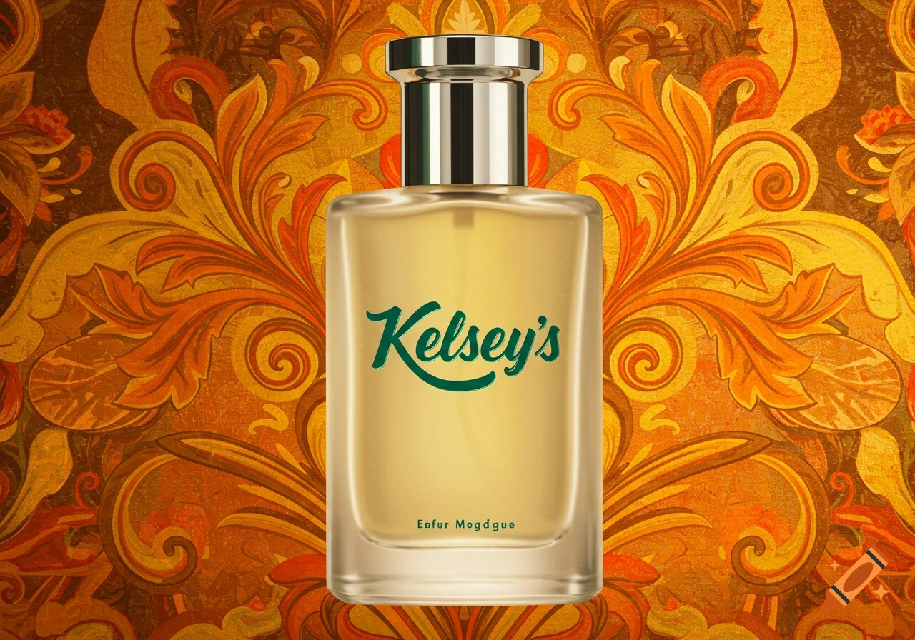 A perfume bottle labeled 'Kelsey's' against an ornate gold and orange background.