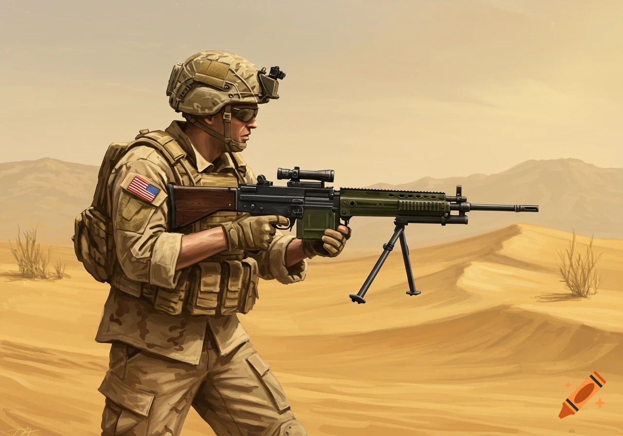 Digital painting of an American soldier with a machine gun in the desert.