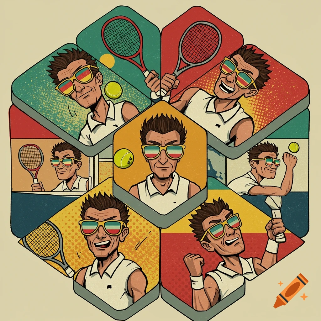 Pop art collage of a male tennis player on hexagon tiles