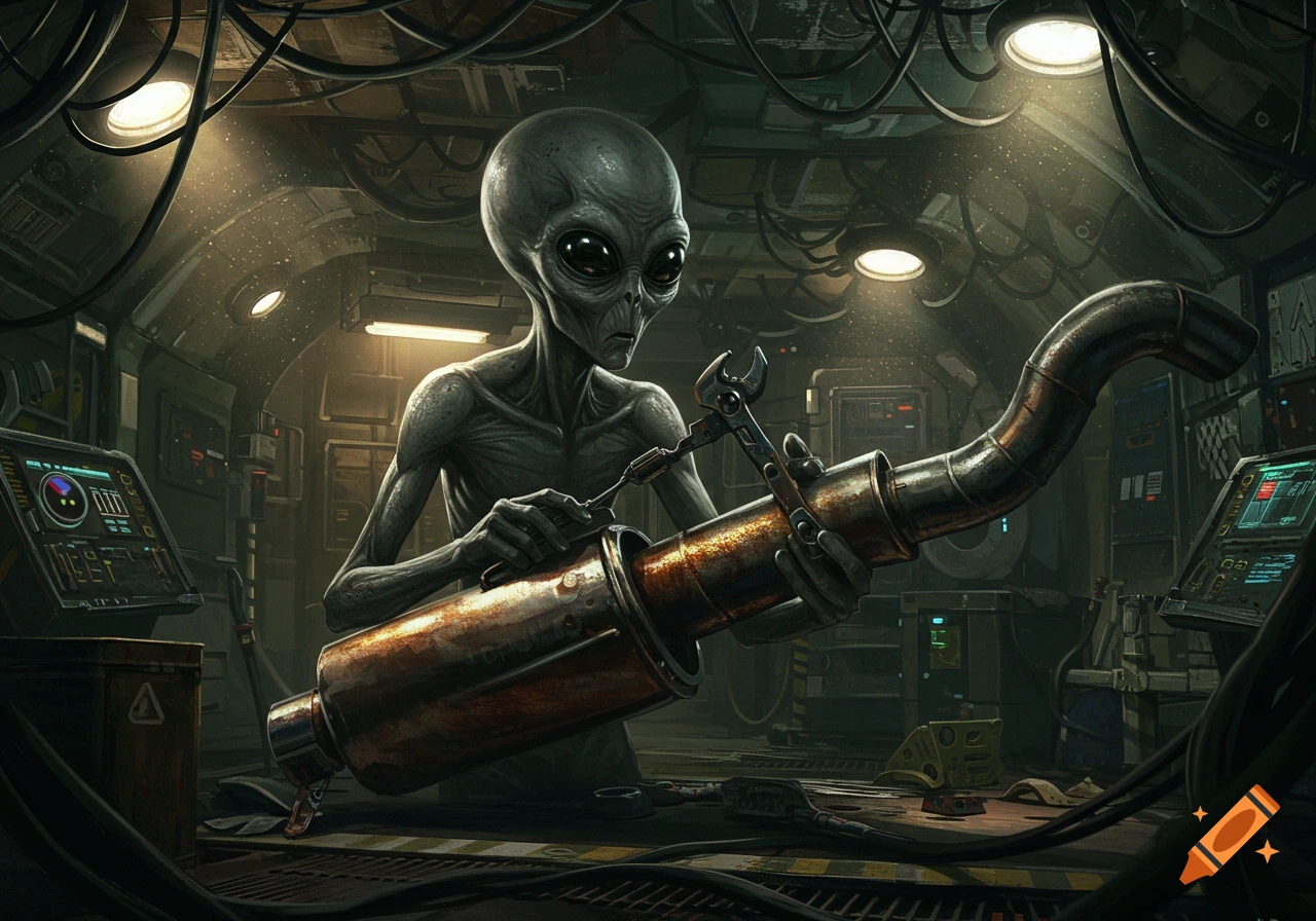 Alien grey working on a car exhaust pipe in a dark spaceship engine room