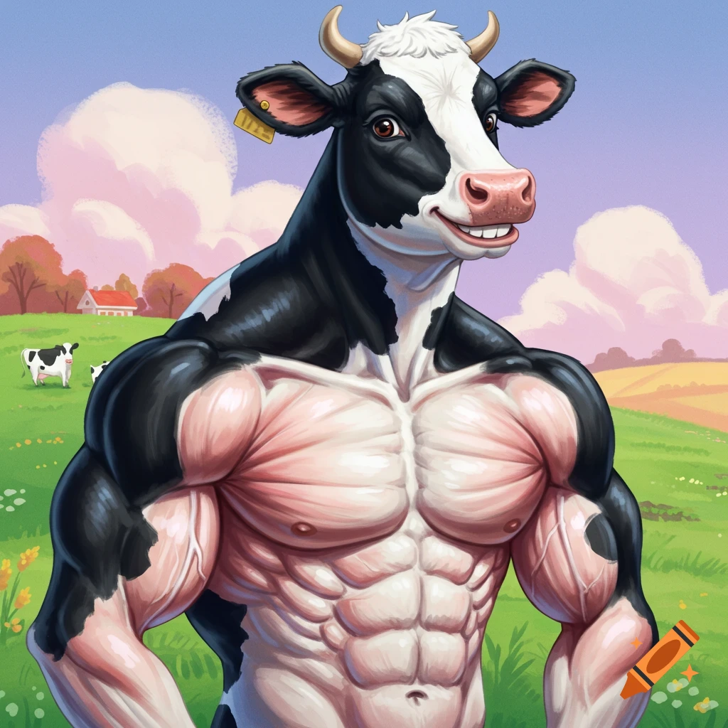 A muscular cartoon cow stands in a field.