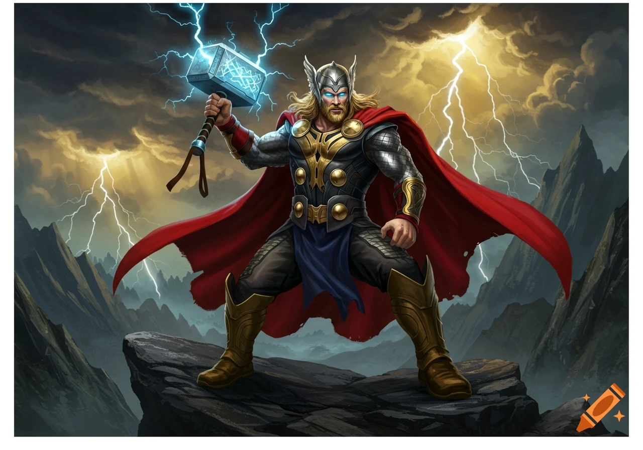 Thor holding Mjolnir on a rocky cliff during a lightning storm.
