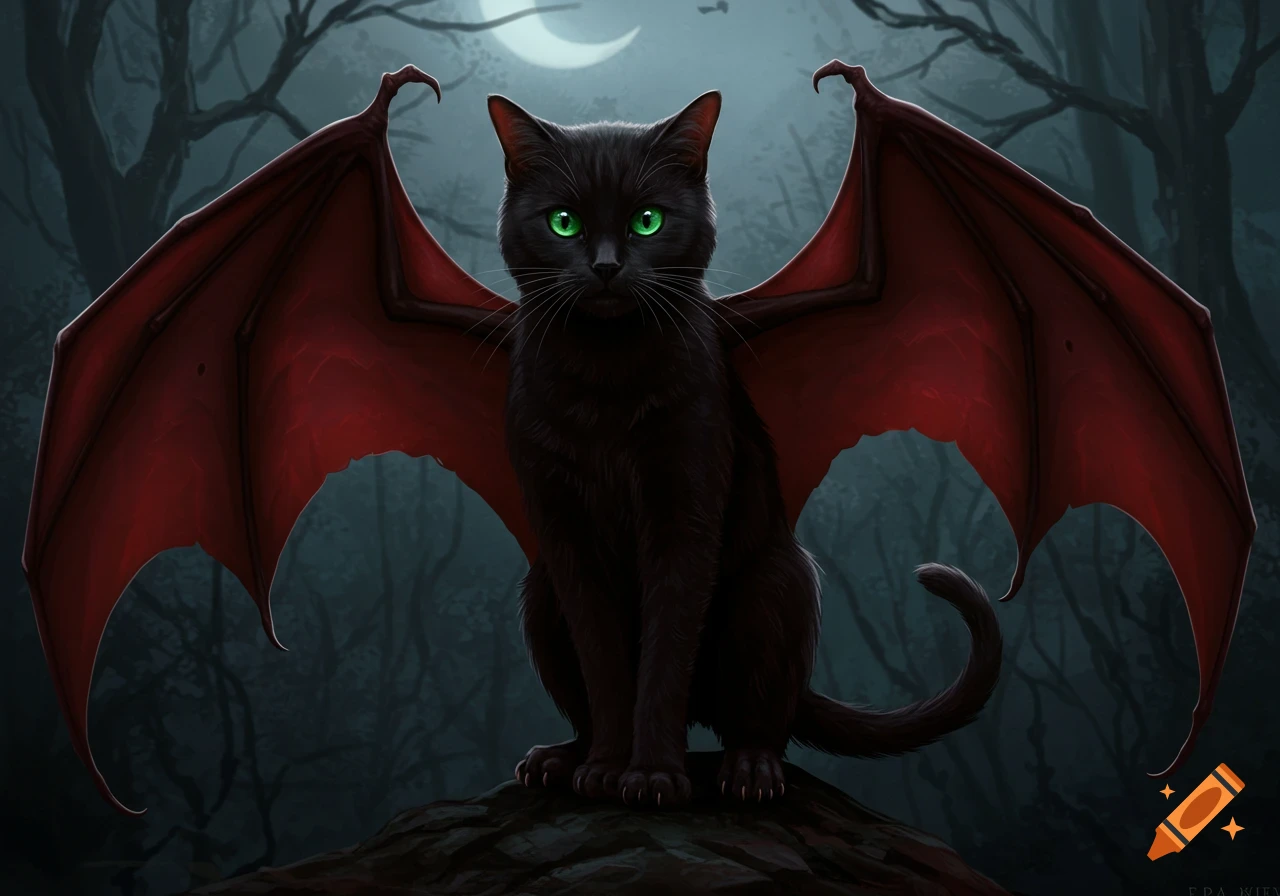 A black cat with red bat wings sits on a rock in a dark forest under a ...