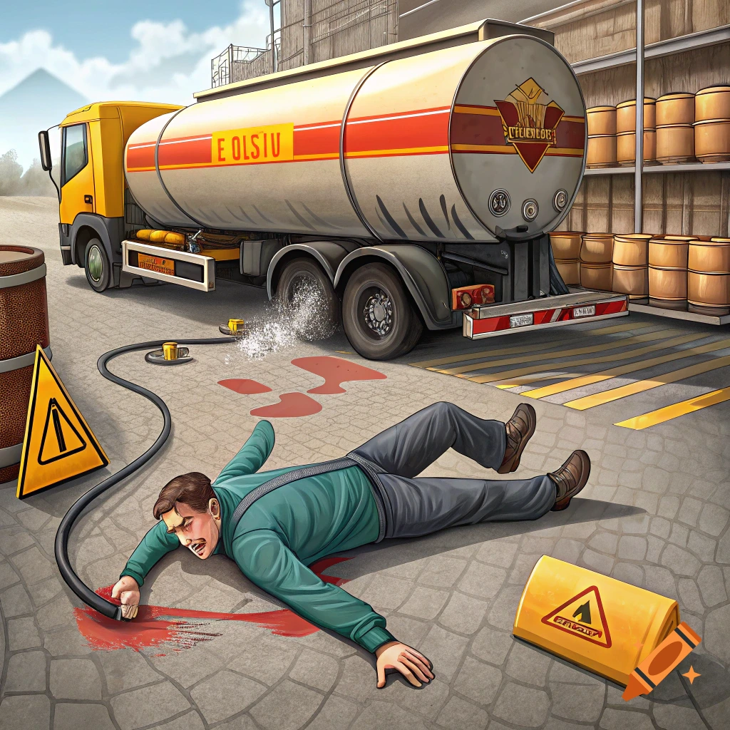 Illustration of a man injured on the ground near a fuel truck