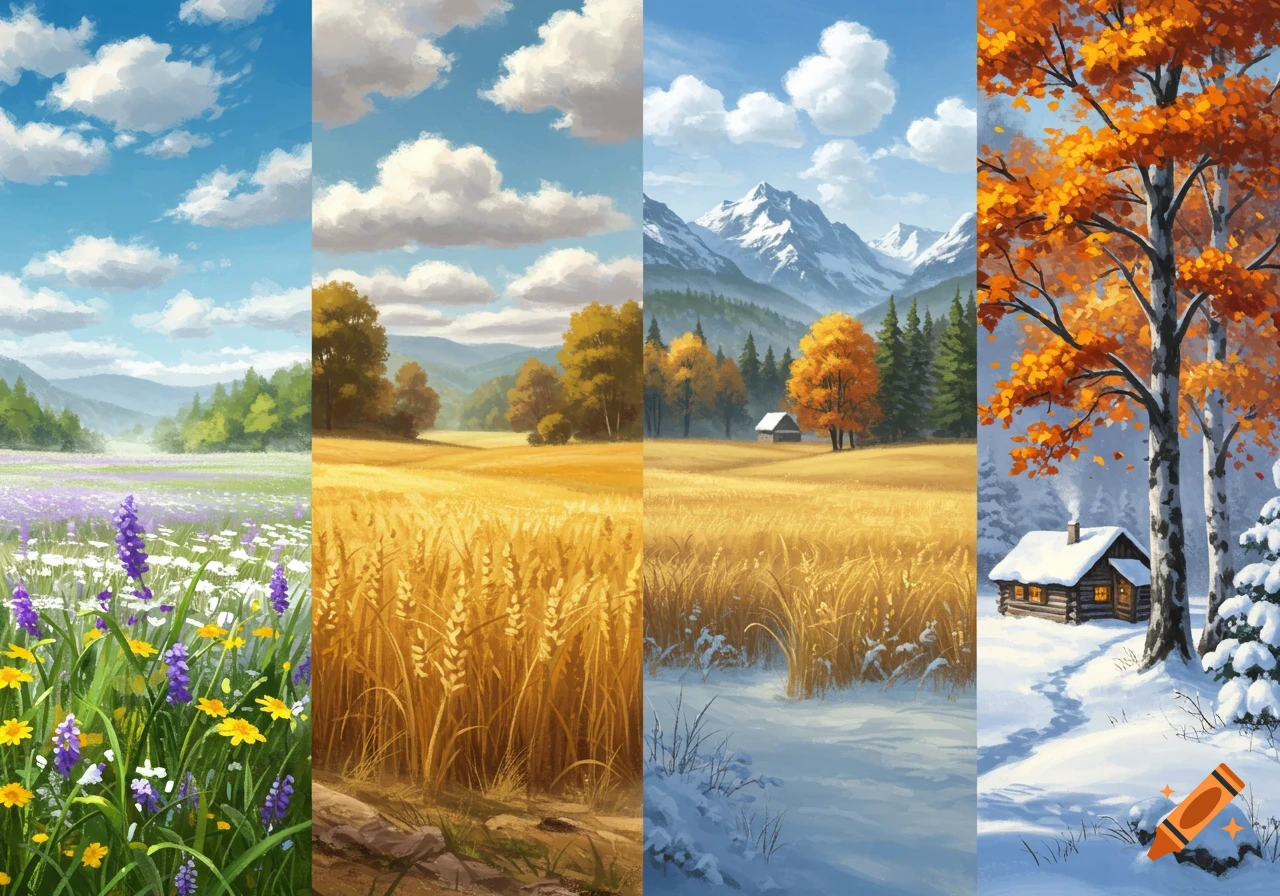 Four vertical panels depicting the seasons: spring flowers, summer wheat field, autumn mountains with cabin, and winter snow with cabin. Painted style.