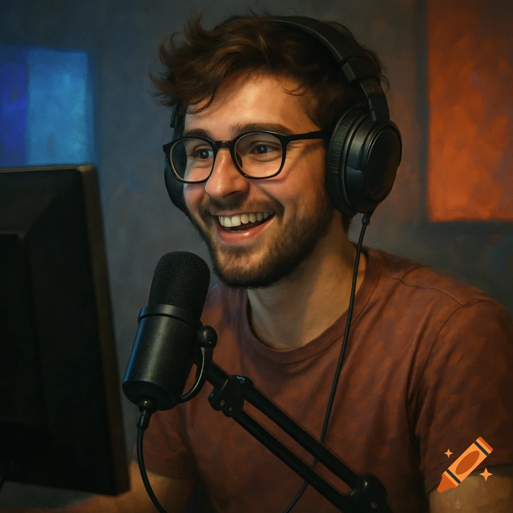 Smiling man with headphones and glasses at a microphone, looking at a screen