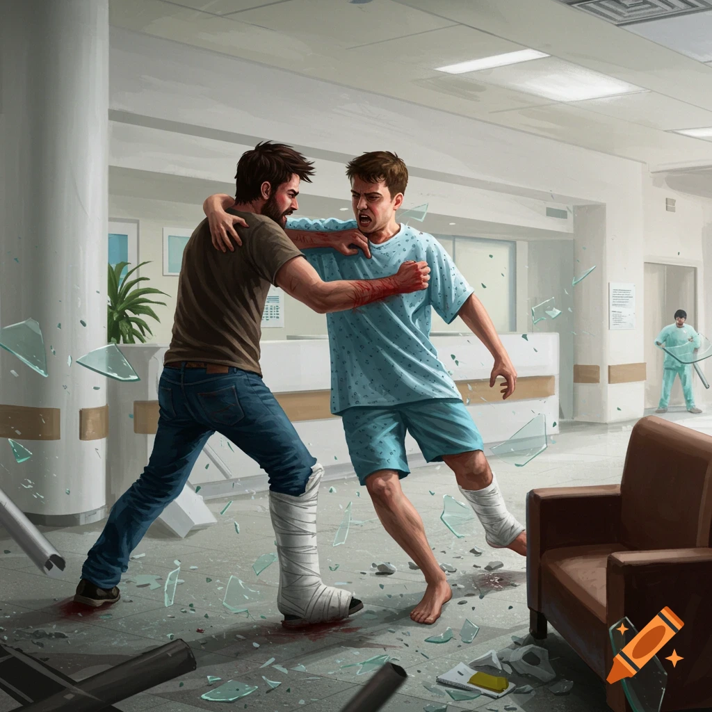 Two injured men fight in a hospital lobby amidst broken glass.