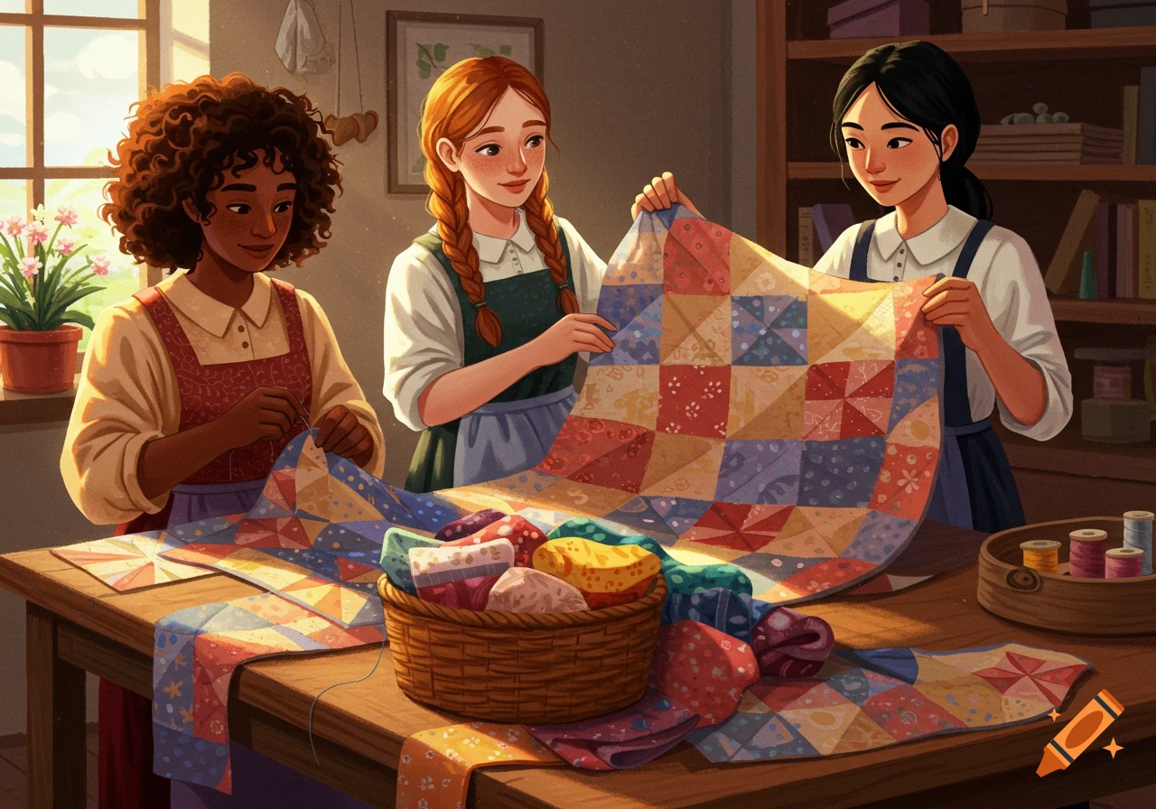 Three women work together on a colorful patchwork quilt.