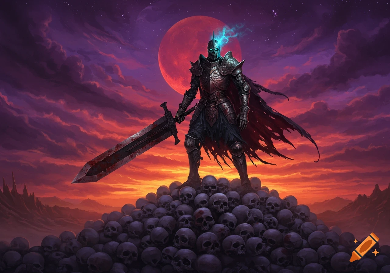 An undead knight in armor stands atop a mountain of skulls under a blood-red moon.