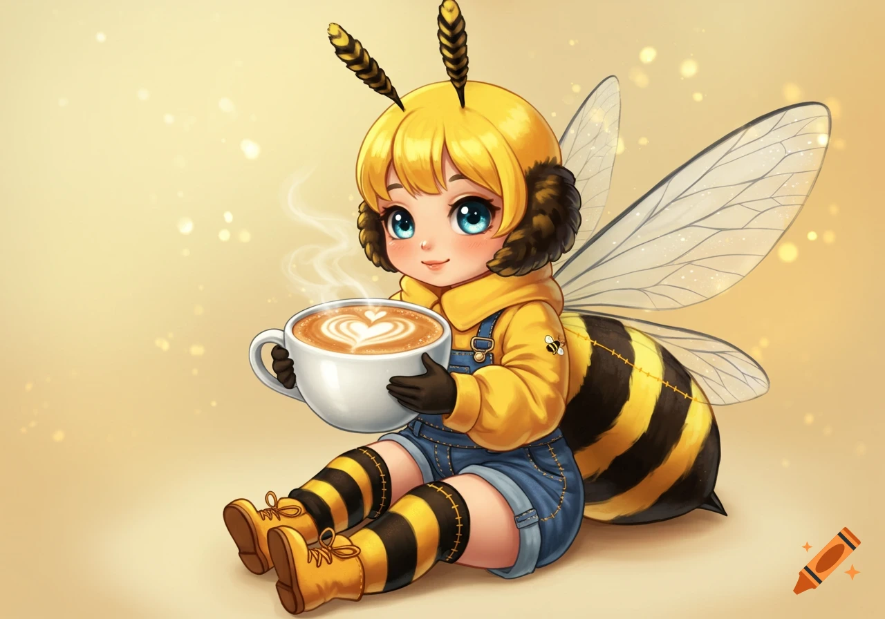Cute anime bee character holding a cup of coffee.