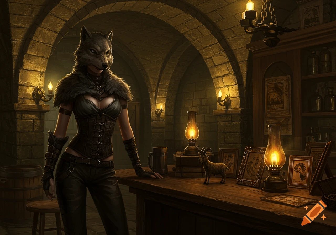 A woman in a wolf mask and corset stands in a dark fantasy tavern.