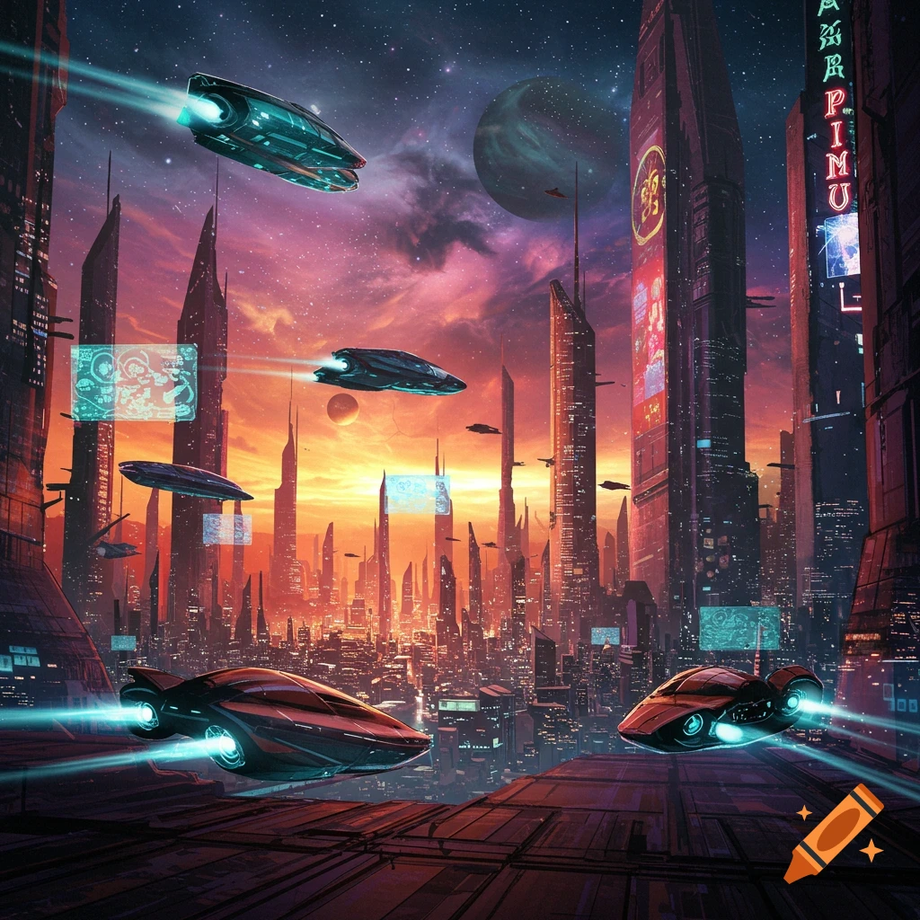 Futuristic city with tall buildings, flying spaceships, and glowing ...