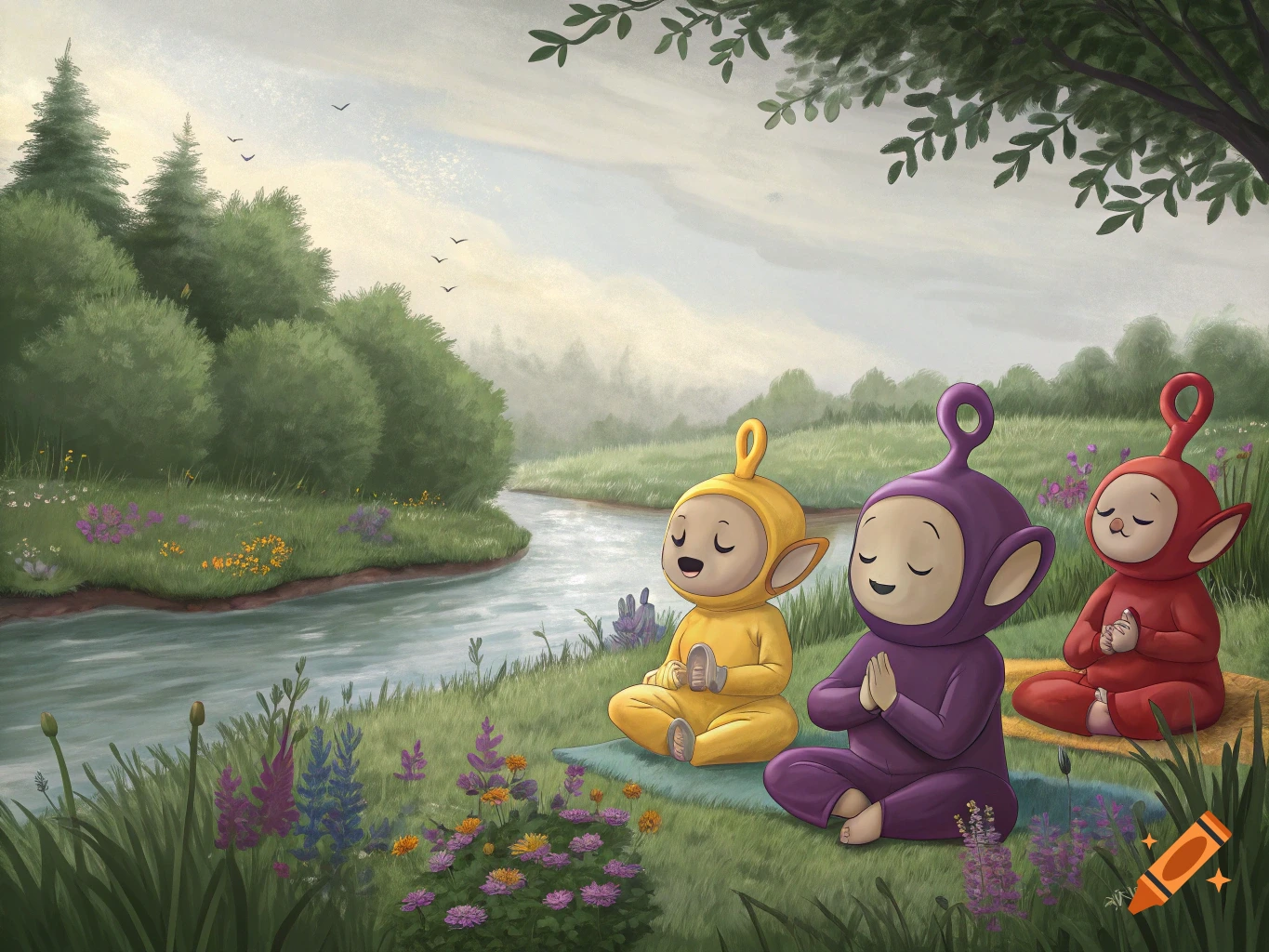 Three Teletubbies meditate by a river in a lush landscape. Illustration.