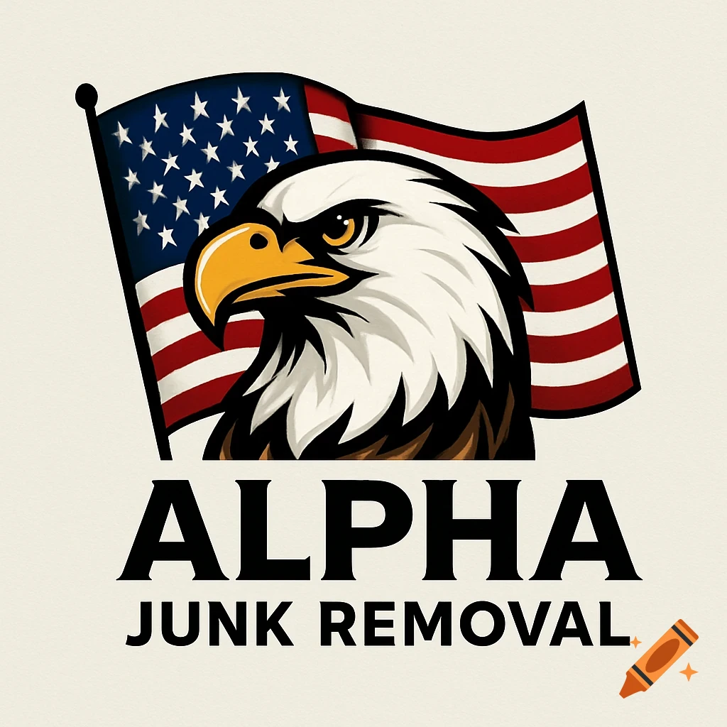 Logo featuring a bald eagle head in front of a waving American flag, with the text "ALPHA JUNK REMOVAL" below.