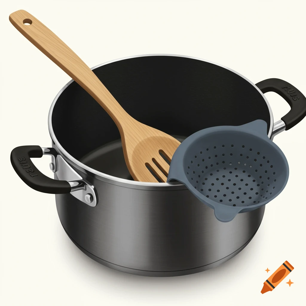 A cooking pot with a wooden slotted spoon and a silicone strainer.