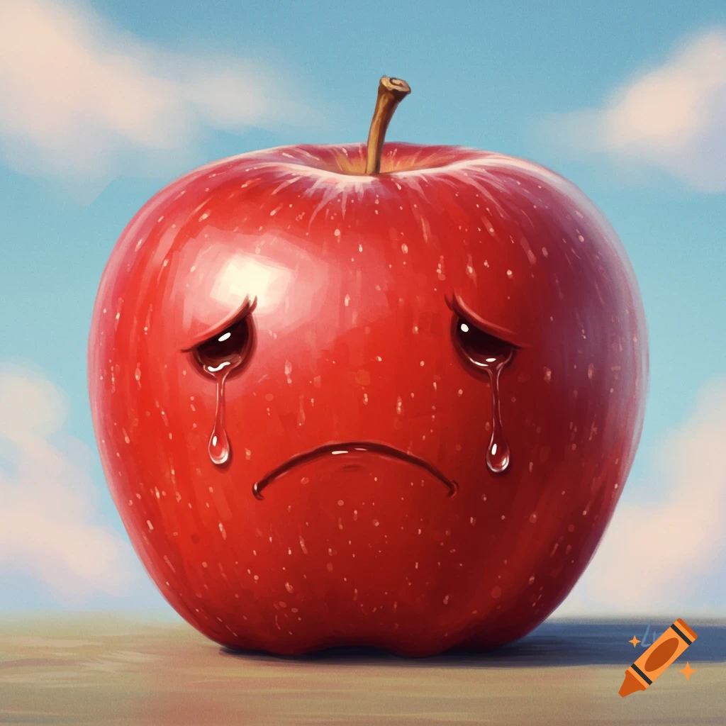 A sad red apple with tears crying on a table.