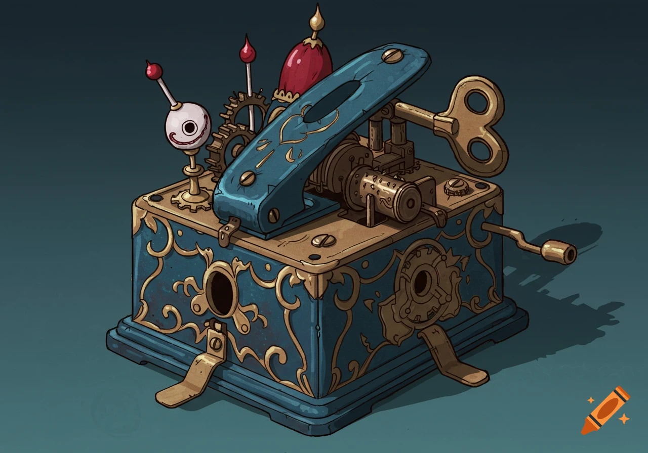Illustration of a whimsical, steampunk-style wind-up music box with gears, a key, and an eye.