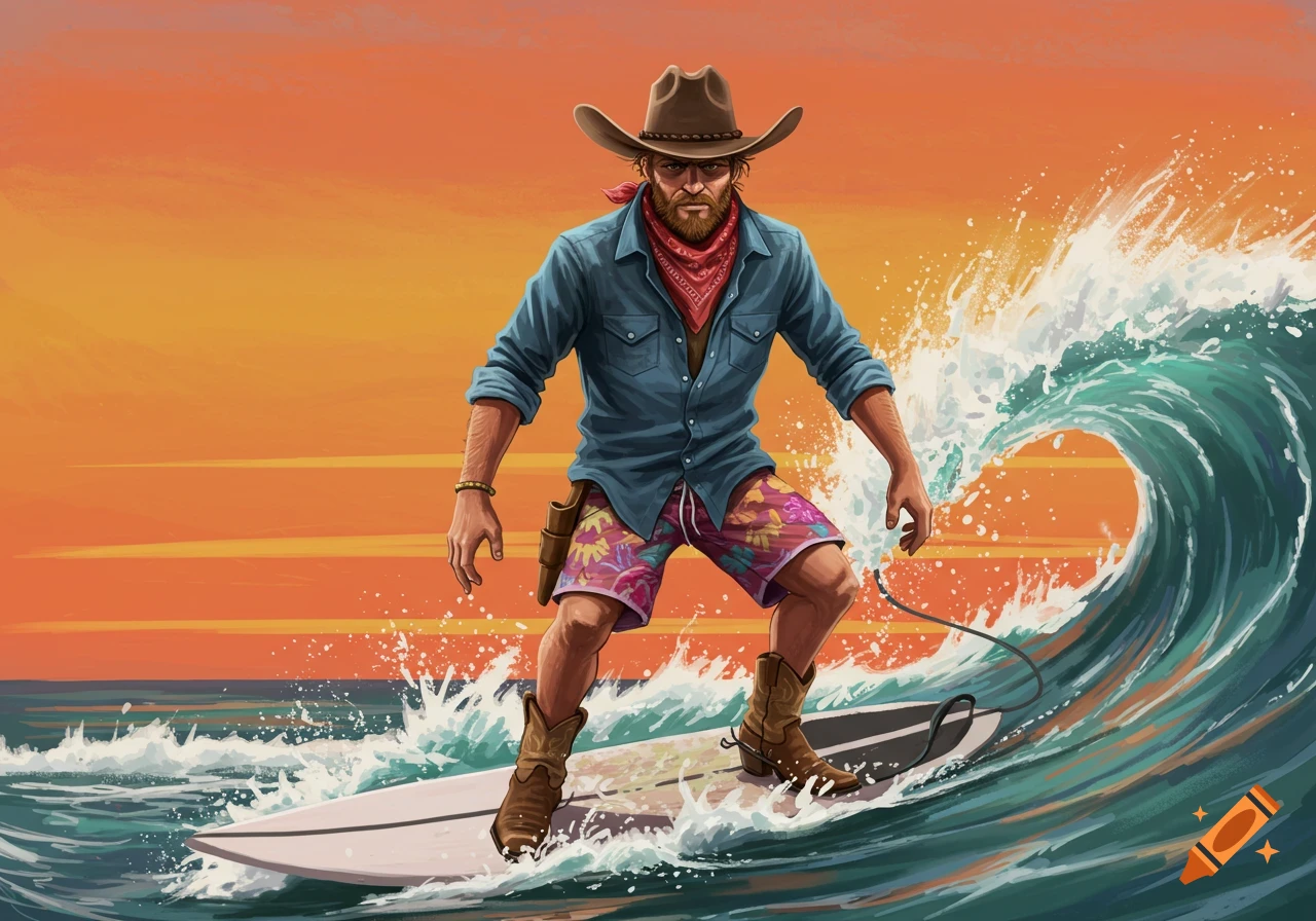 A cowboy in a hat and boots surfs a large wave at sunset in a colorful illustration.