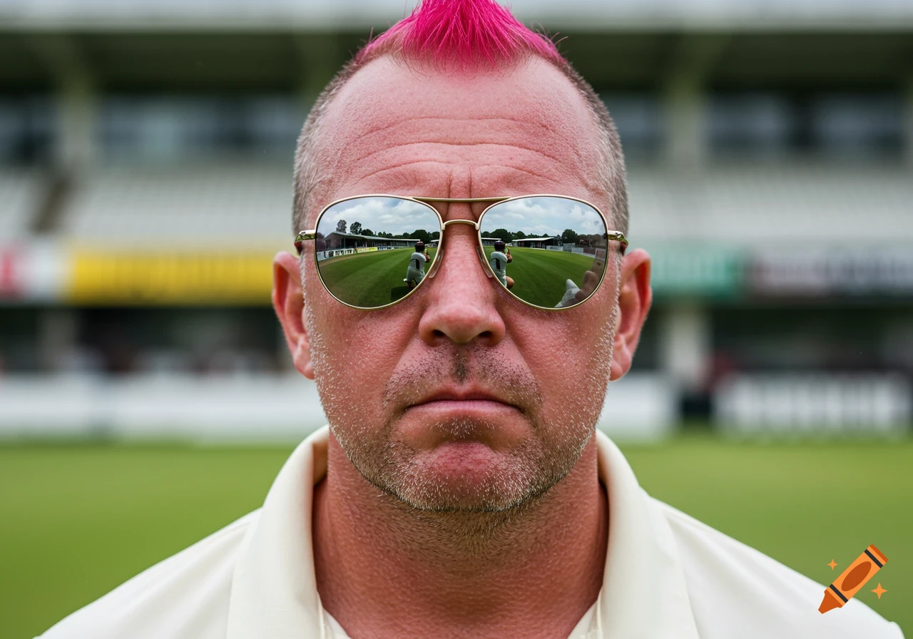 Closeup of a man with pink mohawk and sunglasses reflecting a cricket field.